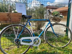 a blue bike parked next to a fence at La résinière de pirique in Parentis-en-Born