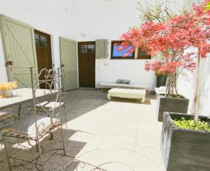 a patio with chairs and a table and some plants at Al Castelluccio in San Vincenzo