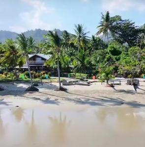 a sandy beach with palm trees and a building at Henalric's Place in Roxas +18 photos