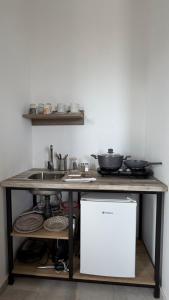 a kitchen with a sink and a counter with pots and pans at Ippokampos in Moutsoúna