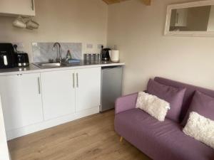 a living room with a purple couch and a kitchen at Sky View Cabin in Ardaghy