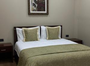 a bedroom with a large bed with pillows and a picture at Rritja e Koranit in Pogradec