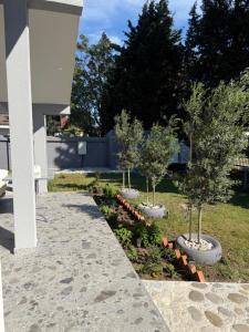 two trees in a garden next to a house at Apartment Oki Ulcinj in Donji Štoj