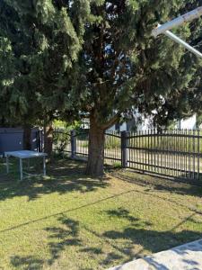 a fence with a tree and a bench in a park at Apartment Oki Ulcinj in Donji Štoj +1 photo