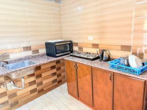 a kitchen with a microwave and a sink at Winter House in Luxor