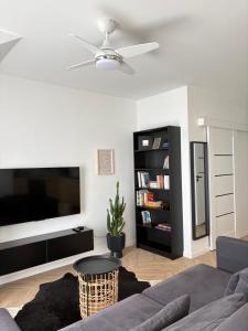 a living room with a couch and a flat screen tv at Dobre Miejsce in Skoczów
