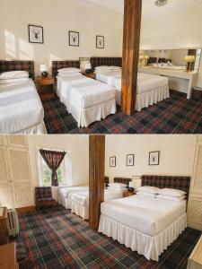 two pictures of a hotel room with four beds at Loch Ness Lodge Hotel in Drumnadrochit