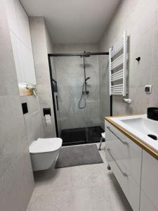 a bathroom with a shower and a toilet and a sink at Dobre Miejsce in Skoczów +27 photos