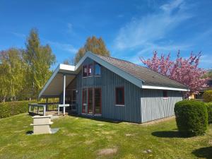 a small gray shed with red doors on a yard at Wildgans 5A in Mirow