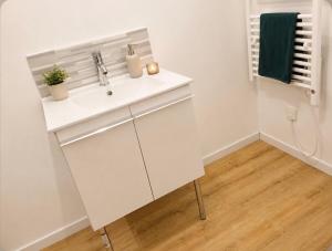 a bathroom with a white sink in a room at Bienvenue à Saint Julien De Vouvantes - Dormir Comme A La Maison in Saint-Julien-de-Vouvantes