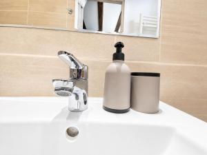 a white sink with a bottle of soap and a cup at Confort INN in Otopeni +40 photos