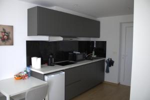 a kitchen with black cabinets and a white counter top at Aux Boutons d'Or in Namur