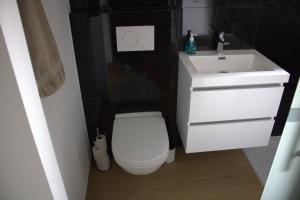 a bathroom with a white toilet and a sink at Aux Boutons d'Or in Namur