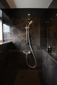 a shower in a bathroom with black tiles at Aux Boutons d'Or in Namur +9 photos