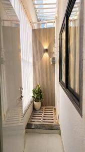 a hallway with a potted plant in a window at Lado by Stay Junction in Indore +2 photos