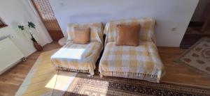 two chairs with pillows sitting in a living room at Apartmani Jelenača prizemlje in Trnovo