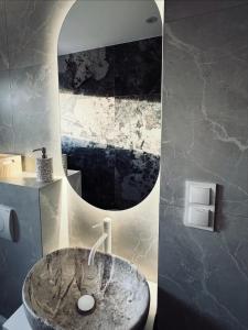 a bathroom with a stone sink and a mirror at Siedlisko in Tuchów +57 photos