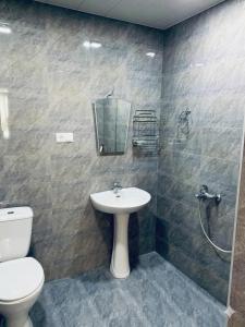 a bathroom with a toilet and a sink and a shower at Mountain Horizon in Borjomi