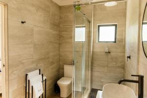 a bathroom with a shower and a toilet and a sink at Pause Guesthouse in Clarens +48 photos