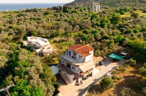 an aerial view of a large house with trees and the ocean at Aeolus Villa Chios in Chios