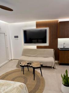 a bedroom with a bed and a tv on a wall at Alexis Suites Olympus in Litochoro