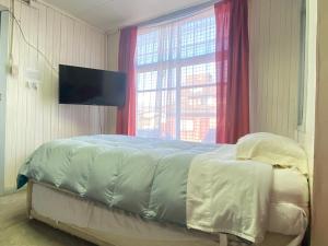 a bedroom with a bed with a television and a window at Hostal Cochrane in Valdivia +9 photos