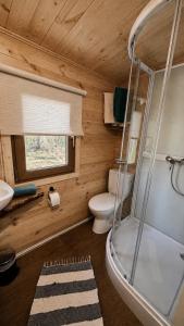 a bathroom with a shower and a toilet and a sink at Camping Bušas in Saulkrasti +88 photos