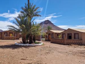 a house in the middle of a desert with a palm tree at Taragalte Park - Motorhomes in Zagora