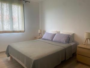 a bedroom with a bed with blue pillows and a window at Maison familiale à Ahetze à 10 min des plages in Ahetze