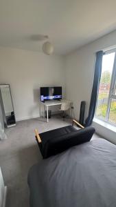 a living room with a bed and a television at Blissful Abode in Birmingham