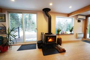 a living room with a wood stove in a room at Spa et Waterfront - Cachette du Petit Lac in Chertsey