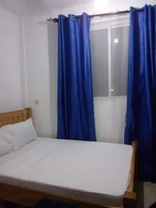 a bed in a room with a blue curtain at Asante Studio in Mtwapa