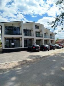 a large building with cars parked in front of it at Jovic Apartments in Ostrovo