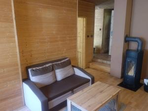 a living room with a couch and a wood stove at Chata Čertovy hlavy in Želízy