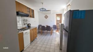 a kitchen with a refrigerator and a table with chairs at Studios Dolček in Krvavica