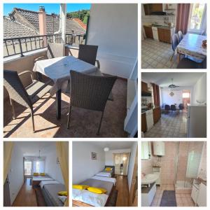 a collage of pictures of a kitchen and a living room at Studios Dolček in Krvavica +33 photos
