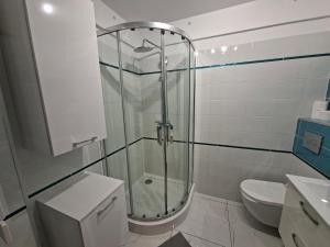 a bathroom with a shower and a toilet at Apartament w Centrum III in Ustka +8 photos