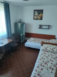 a room with two beds and a table and a chair at Pokoje u Renatki in Chałupy