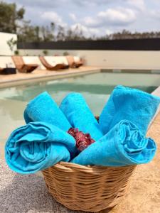 a basket of towels next to a swimming pool at Refúgio D'Aldeia in Leiria