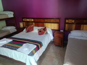 a bedroom with two beds and a purple wall at Cielo Andino Colonial in Purmamarca