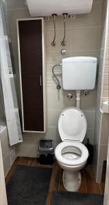 a small bathroom with a toilet and a mirror at Studio Apartman M&S Apatin in Apatin +3 photos