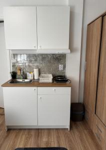 a kitchen with white cabinets and a sink at Studio Apartman M&S Apatin in Apatin
