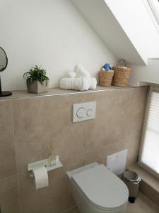 a bathroom with a toilet and a shelf with towels at TINY TEUTO HOUSE- Die alte Schusterei in Detmold
