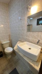 a bathroom with a white sink and a toilet at Pousada Cantarel in Maricá