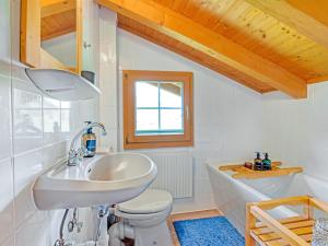 a bathroom with a sink and a toilet and a tub at Alpenchalet mit Charme in Lenk