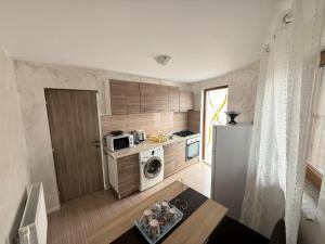 a small kitchen with a refrigerator and a microwave at Vila Dari in Tulcea