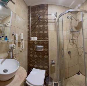 a bathroom with a shower and a toilet and a sink at Ethnica Hotel Old City in Istanbul