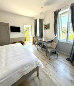 a bedroom with a bed and a desk and window at Apartments Olive Garden in Piran