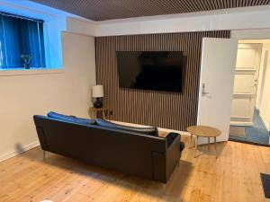 a living room with a couch and a tv at Lille Skovgaarden ved parken med gratis parkering in Randers