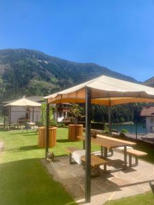 a picnic area with benches and an umbrella at Sognatrentino in Cialini